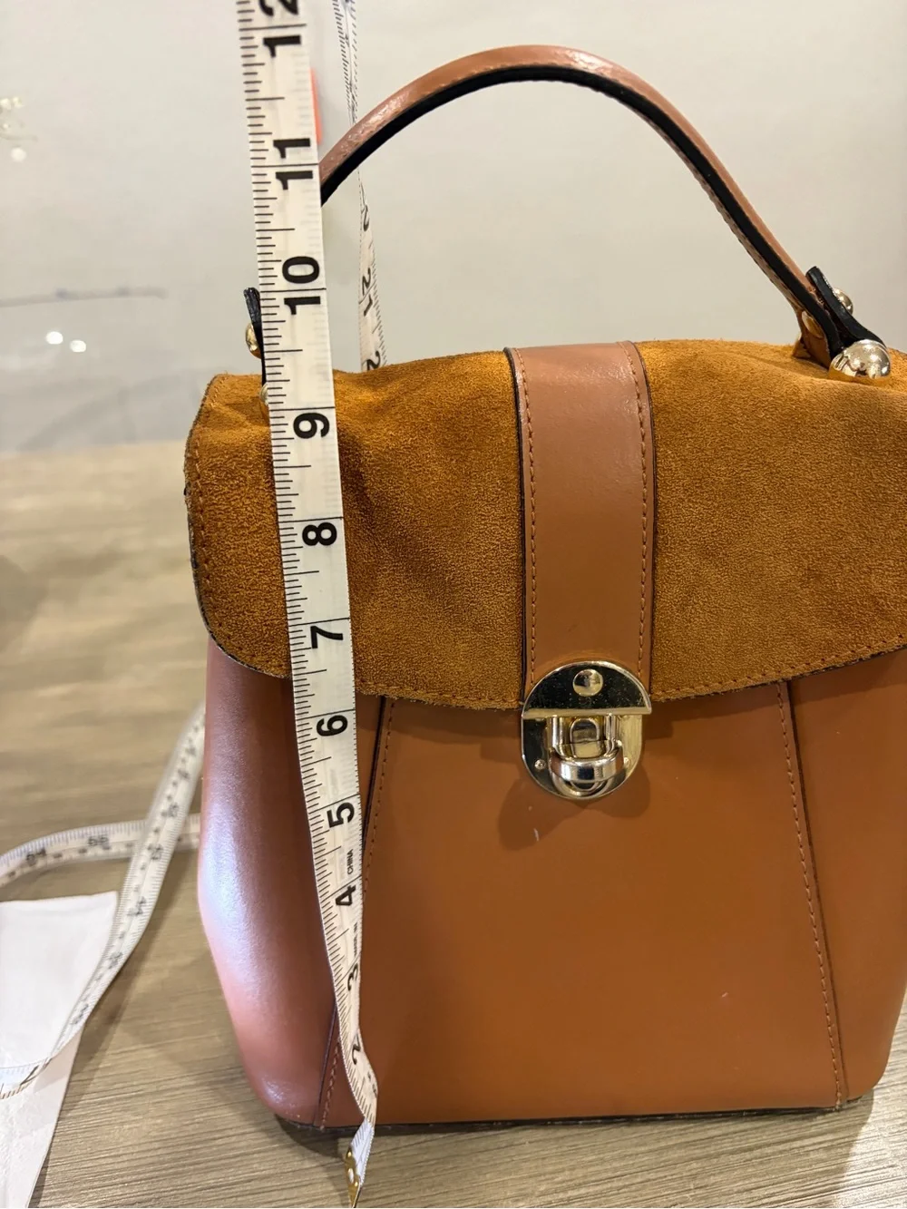 Stylish Tan Leather & Suede Top-Handle Bag